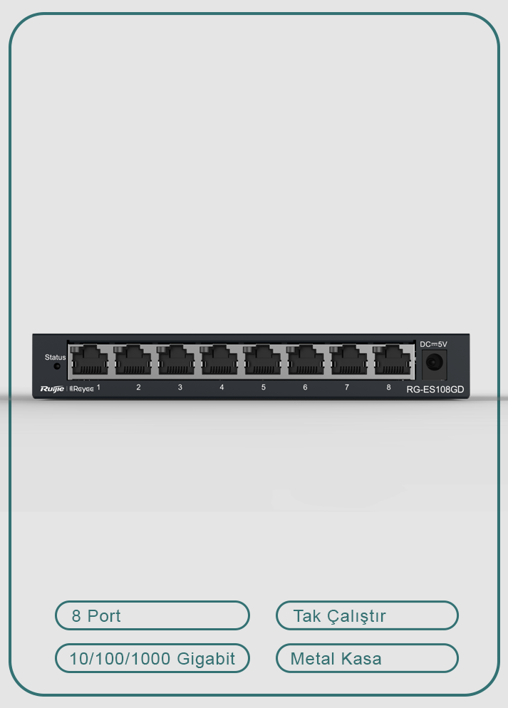 Reyee RG-ES108GD 8 Portlu, 10/100/1000 Gigabit, Tak Çalıştır Switch, Metal Kasa