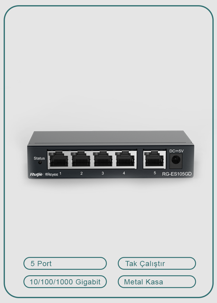 Reyee RG-ES105GD 5 Portlu, 10/100/1000 Gigabit, Tak Çalıştır Switch, Metal Kasa