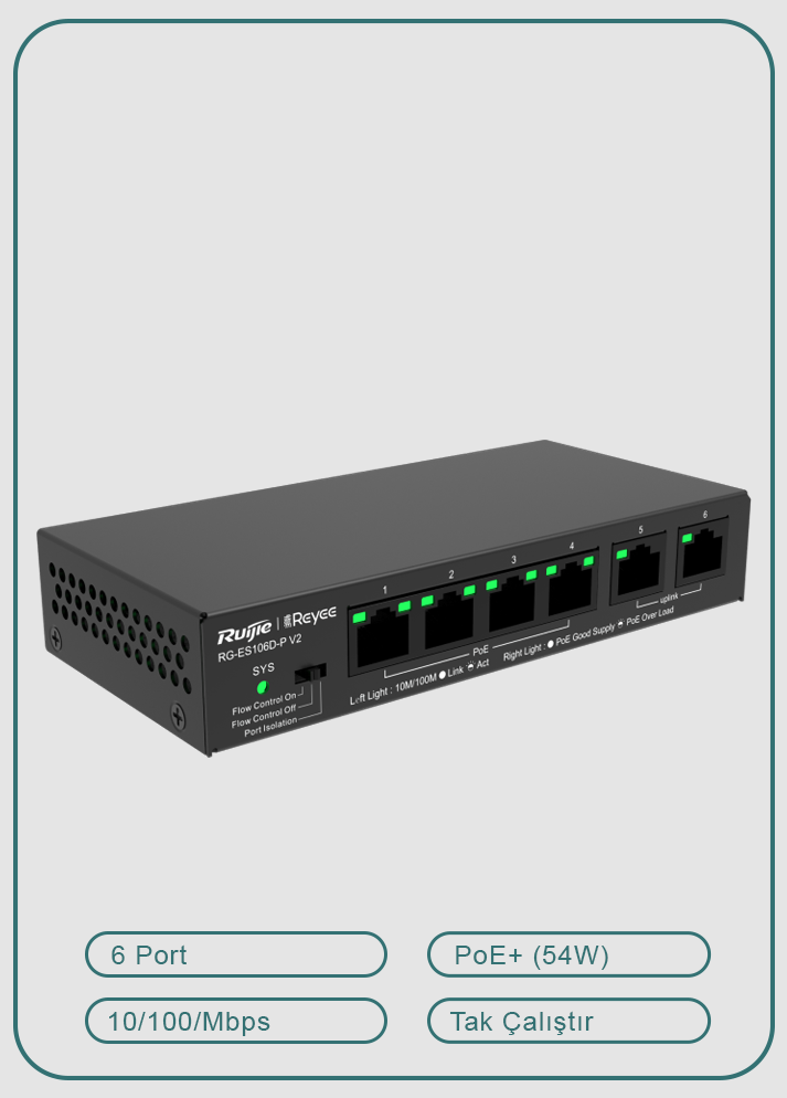 Reyee RG-ES106D-P 6 Portlu, 10/100 Fast Ethernet, Tak Çalıştır Switch, 2 Fast Ethernet Uplink, 4 Port PoE+ (58W)