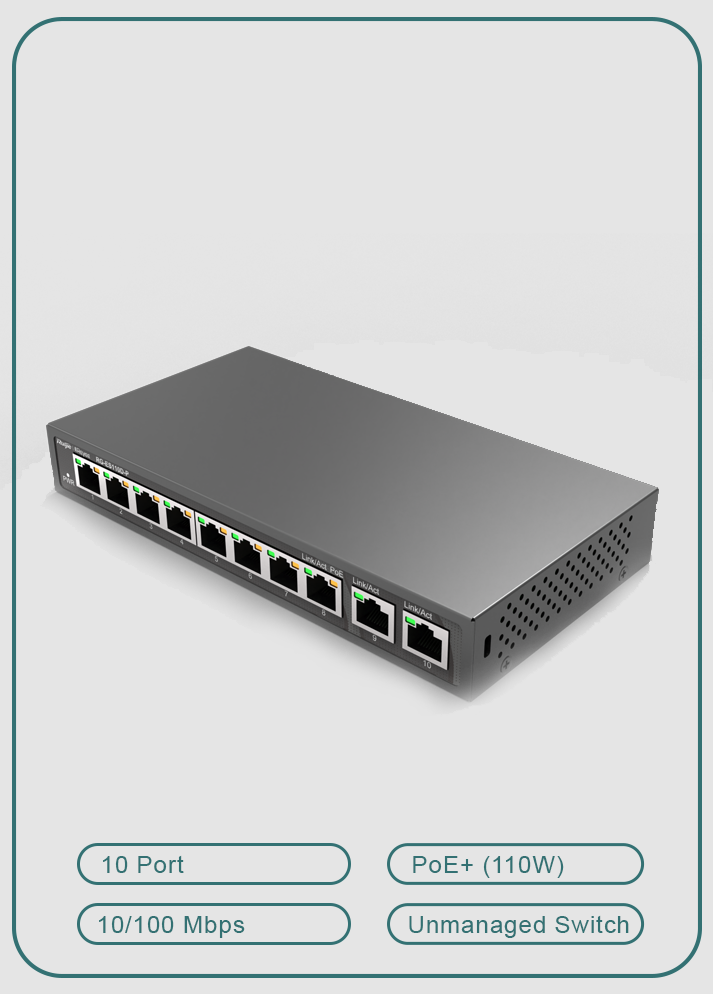 Reyee RG-ES110D-P 10 Portlu, 10/100 Fast Ethernet, Tak Çalıştır Switch, 2 Gigabit Uplink, 8 Port PoE+ (110W)