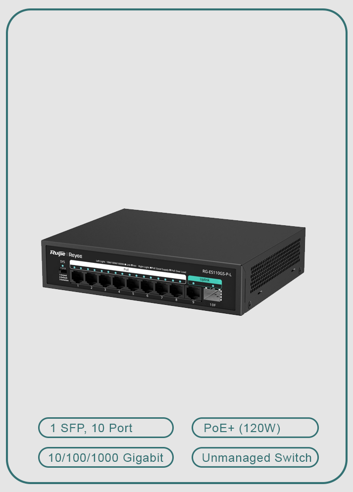 Reyee RG-ES110GS-P-L 10 Portlu, 10/100/1000 Gigabit,Tak Çalıştır Switch, 1 SFP, 1 Gigabit RJ45 Uplink, 8 PortPoE+ (120W)