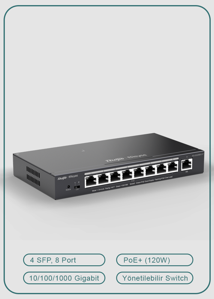 Reyee RG-ES209GC-P 9 Portlu, 10/100/1000 Gigabit, Yönetilebilir Switch, 8 Port PoE+ (120W)