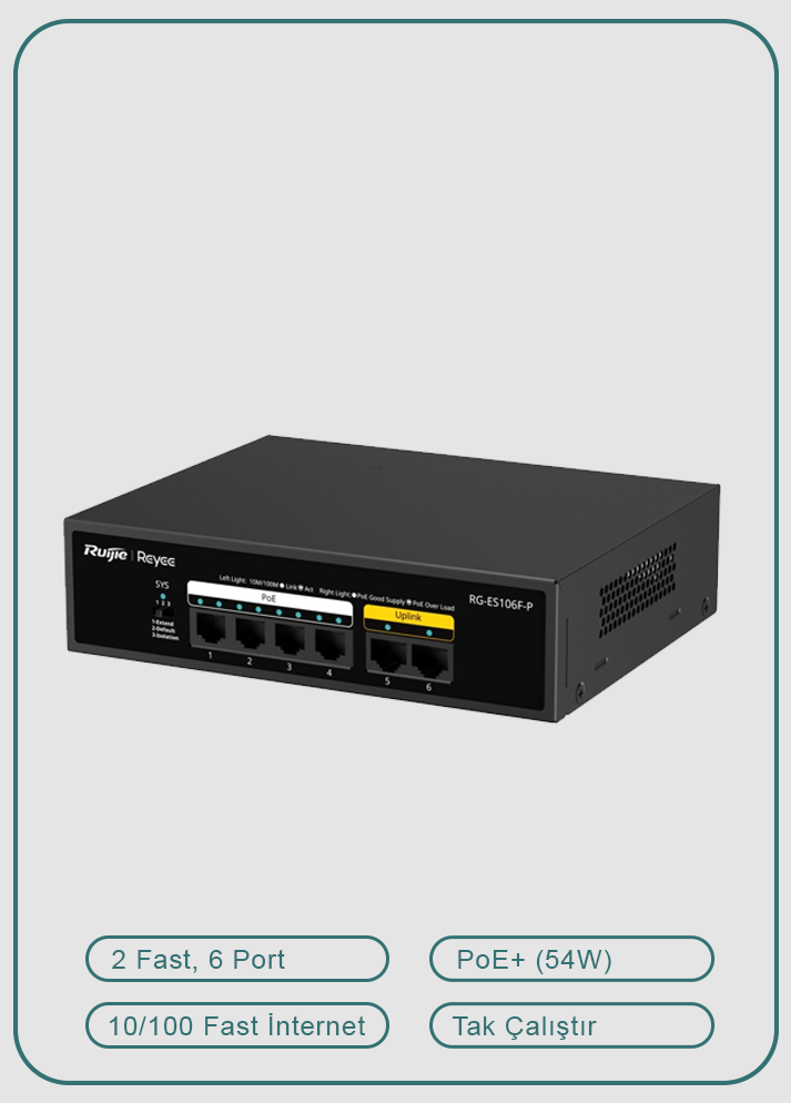 Reyee RG-ES106F-P 6 Portlu, 10/100 Fast Ethernet, Tak Çalıştır Switch, 2 Fast Ethernet Uplink, 4 Port PoE+ (54W)